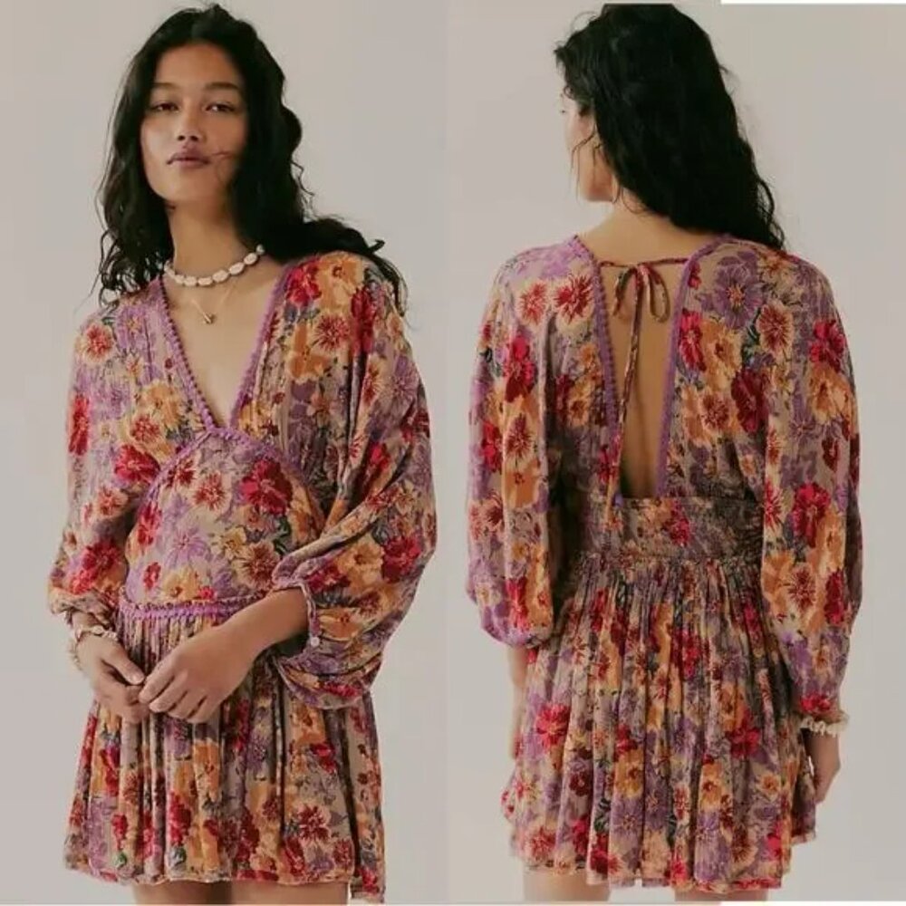 Free People Sweet Dreams Mini Dress Deep V Babydoll Boho Swing Floral Lace M - Picture 2 of 9